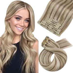NWOT! Moresoo Clip In Extensions Real Straight Blonde/Brown Highlight Hair